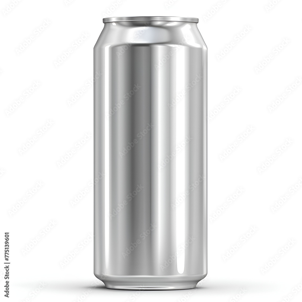 A blank aluminum soda can on a white background, with a reflective surface and sleek design. A blank aluminum soda can on a white background, with a reflective surface and sleek design.