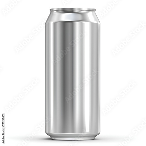 A blank aluminum soda can on a white background, with a reflective surface and sleek design.