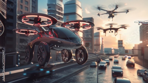 Urban air mobility concept, showing the use of flying cars and drones for personal and cargo transport low texture photo