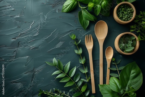bamboo drinking straws, biodegradable containers, wooden cutlery on green background, zero waste