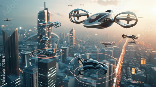 Urban air mobility concept, showing the use of flying cars and drones for personal and cargo transport low texture
