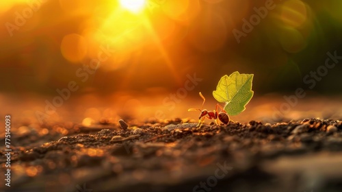 ant carrying a leaf under the sun photo