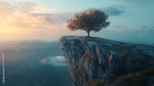 A lone tree clinging to the edge of a cliff photo