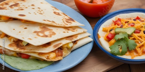 Mexican quesadilla with vegetables and cheese on wooden background