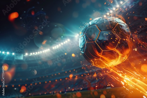 Fiery soccer ball go fast at the football stadium. Generative AI