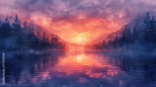 Produce a watercolor wash with soothing tones reminiscent of a tranquil lake at twilight
