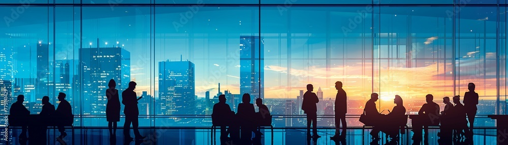 Illustration of business people as silhouettes against a window, overlooking the city, portraying a scene of contemplation and strategic thinking in a business setting.