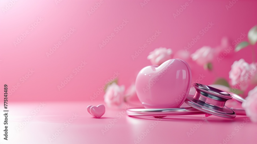 A pink heart and metallic stethoscope rest on a desk with soft pink tones and flowers in the background A pink heart and metallic stethoscope rest on a desk with soft pink tones and flowers in the background