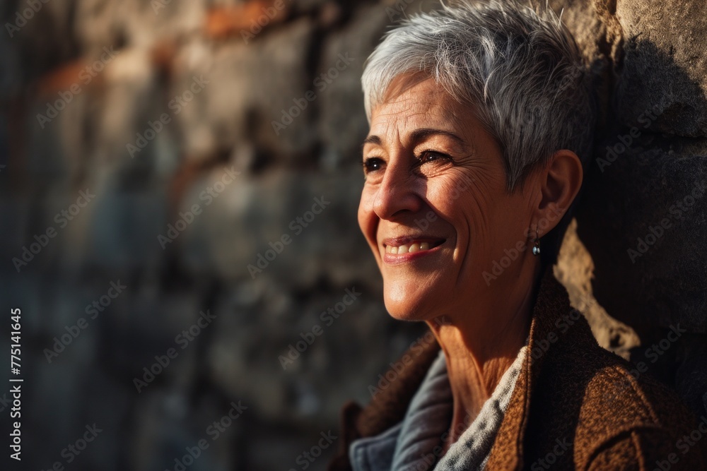 Portrait of a happy senior woman in the old city. Selective focus.
