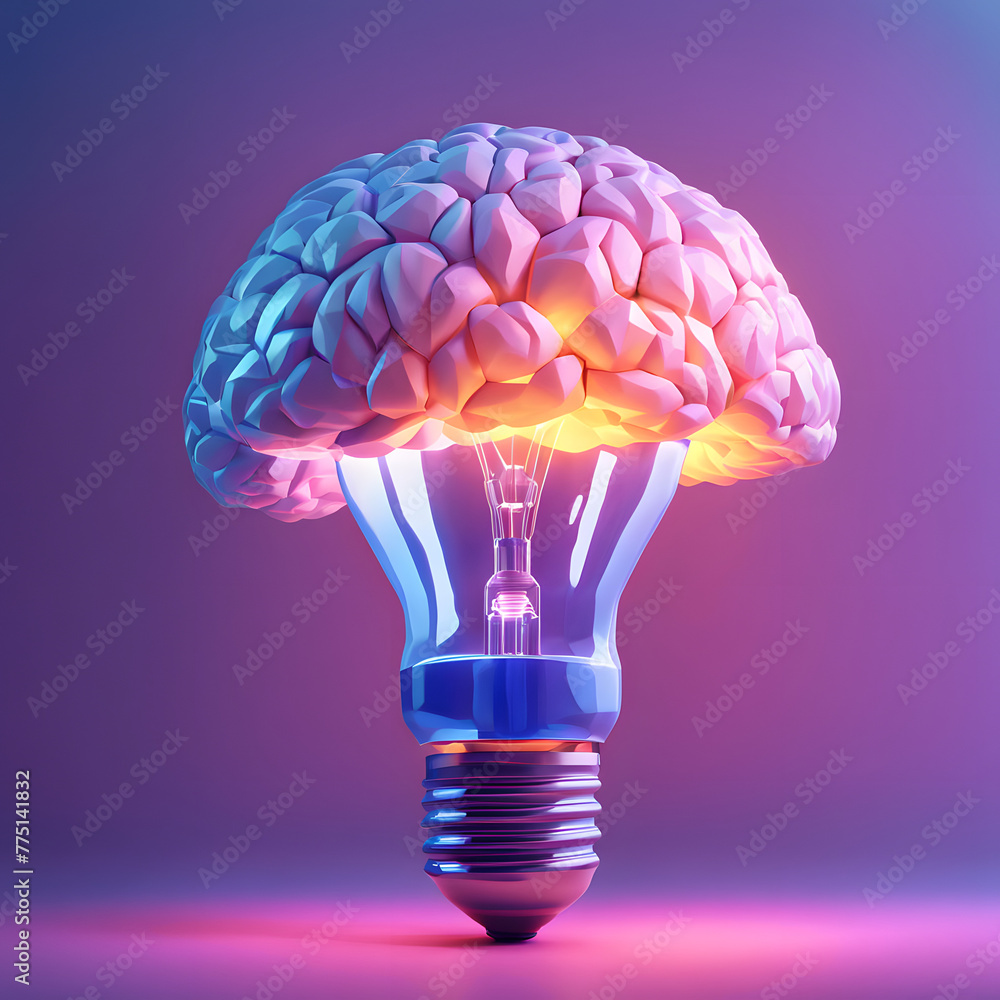 A 3D minimalist light bulb with a vibrant brain pattern, set against a calming pastel indigo background, denoting creative energy A 3D minimalist light bulb with a vibrant brain pattern, set against a calming pastel indigo background, denoting creative energy