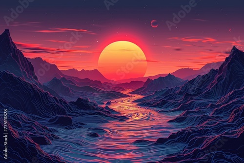 Vaporwave-inspired sunset over a digital landscape