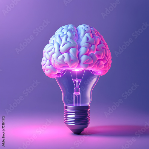 A 3D minimalist light bulb with a vibrant brain pattern, set against a calming pastel indigo background, denoting creative energy