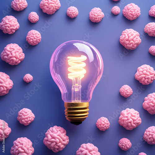 A 3D minimalist light bulb with a vibrant brain pattern, set against a calming pastel indigo background, denoting creative energy