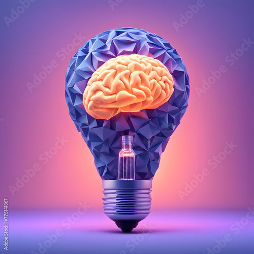 A 3D minimalist light bulb with a vibrant brain pattern, set against a calming pastel indigo background, denoting creative energy