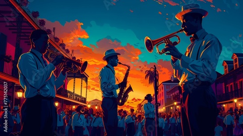 Visualize the vibrant atmosphere of the New Orleans Jazz & Heritage Festival, with jazz music echoing through the streets of Louisiana