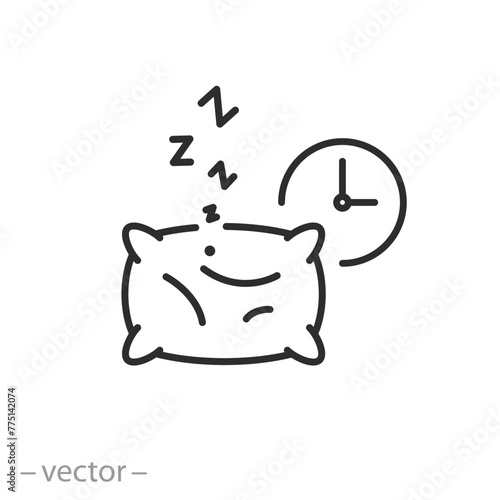 bedtime icon, wake up time, sleeping alarm clock, thin line symbol on white background - editable stroke vector illustration