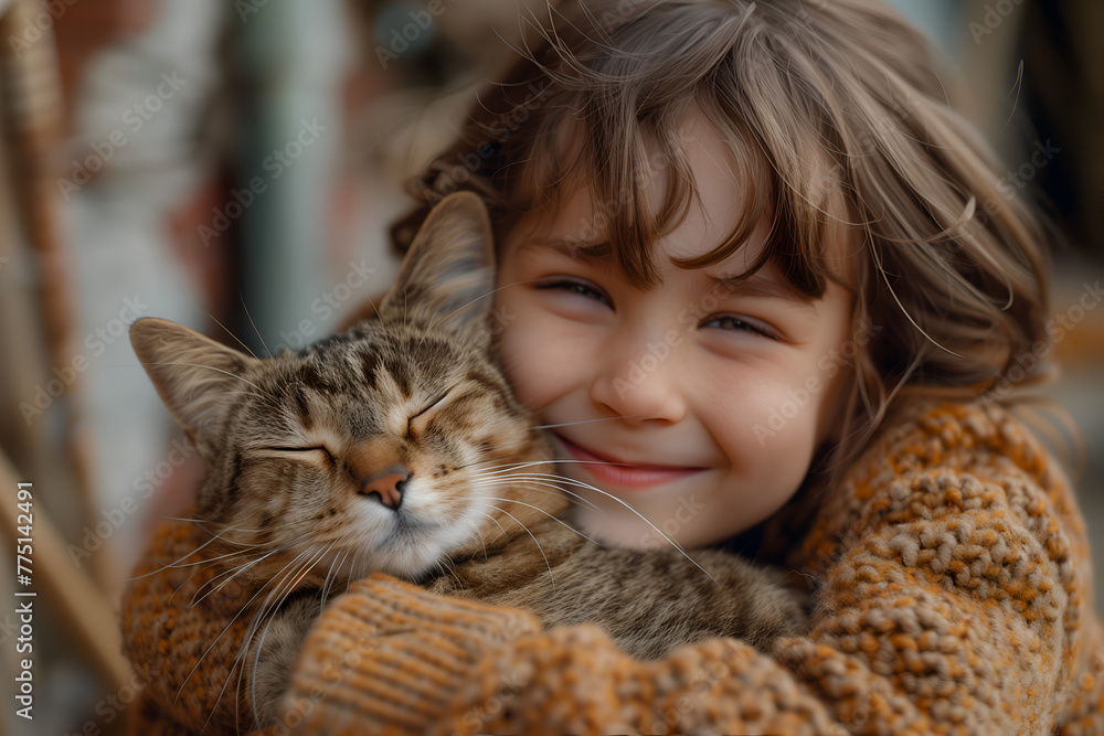 Child tenderly embraces a homeless cat on a city street, showing compassion kindness and friendship