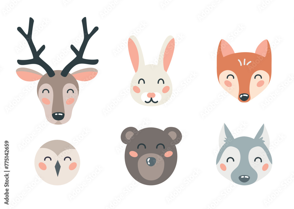 Fototapeta premium Cute forest animal faces set on isolated white background. Cartoon flat design element for nursery, decoration, card.