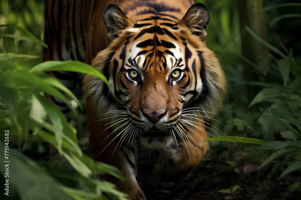 Sumatran Tiger, prowling Sumatra's rainforests