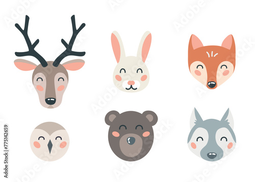 Cute forest animal faces set on isolated white background. Cartoon flat design element for nursery, decoration, card.