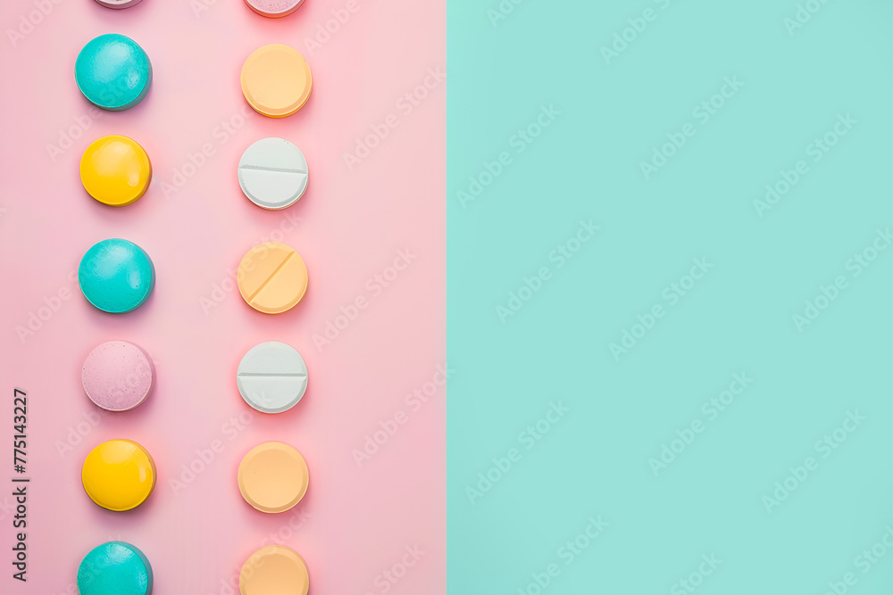 Top view of colorful pills on pastel blue and pink background Top view of colorful pills on pastel blue and pink background
