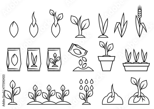 Planting seeds and growing set. Agricultural, cultivation and planting illustration.