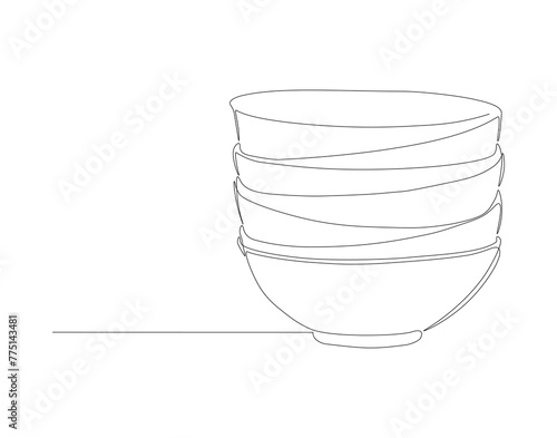 Continuous Line Drawing Of Stack Of Bowls. One Line Of Bowls. Kitchenware concept Continuous Line Art. Editable Outline.