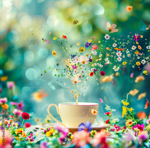 Whimsical Tea Cup Amidst Flower Bloom