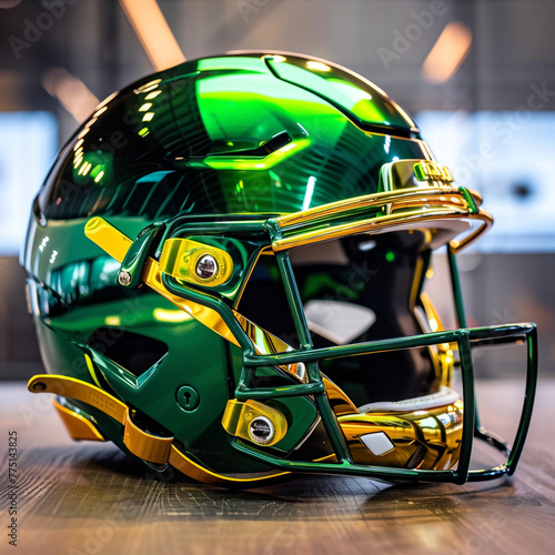 A football helmet with a gold and green color. The helmet is shiny and has a reflective surface