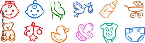 Baby Birth Related Icons Chalk Crayon Drawing
