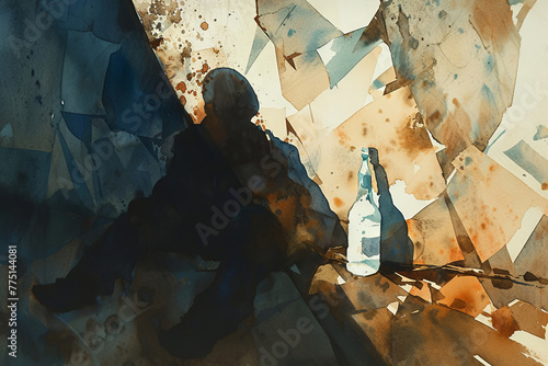 Silhouette of a Man Contemplating with a Bottle in Watercolors
