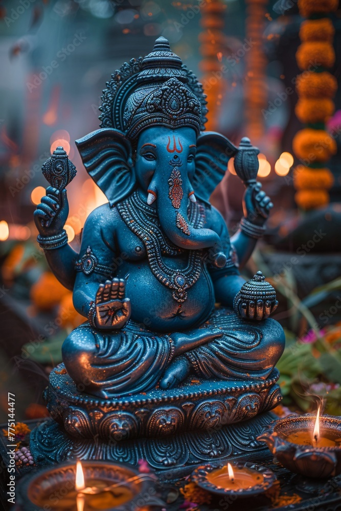 Fototapeta premium Ganesha Idol Serenely Sitting Among Diwali Lights