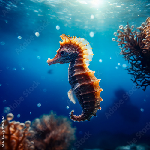 lifestyle photo profile of a seahorse swimming.