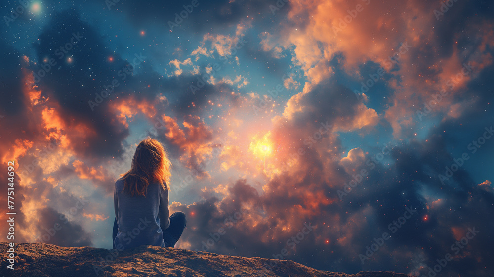 Woman rear view, meditates while sitting on the seashore at sunset and the cosmo stars sky background. Calmness and tranquility. Woman rear view, meditates while sitting on the seashore at sunset and the cosmo stars sky background. Calmness and tranquility.