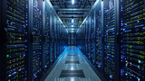 Modern Data Center with Rows of High-Tech Servers.