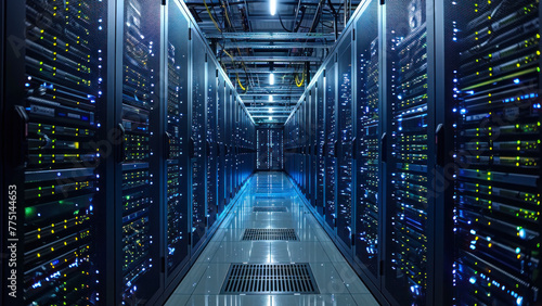 Modern Data Center with Rows of High-Tech Servers.