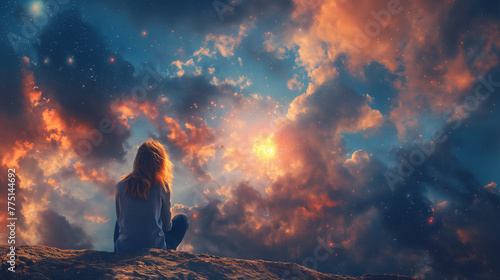 Woman rear view, meditates while sitting on the seashore at sunset and the cosmo stars sky background. Calmness and tranquility.