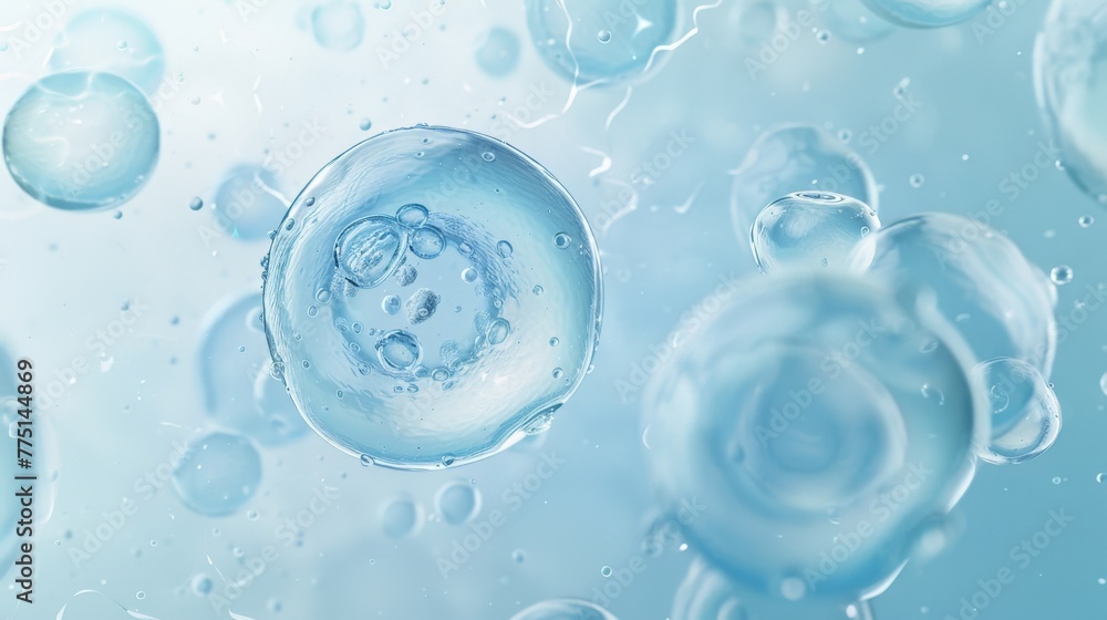 transparent cells floating on a light blue background, surrounded by small cells and bubbles transparent cells floating on a light blue background, surrounded by small cells and bubbles