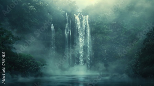 A magical waterfall shrouded in mist and mystery