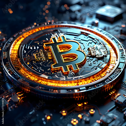 Close-up on a 3D Bitcoin coin on a circuit board, symbolizing the technological foundation of cryptocurrency and its role in the digital economy