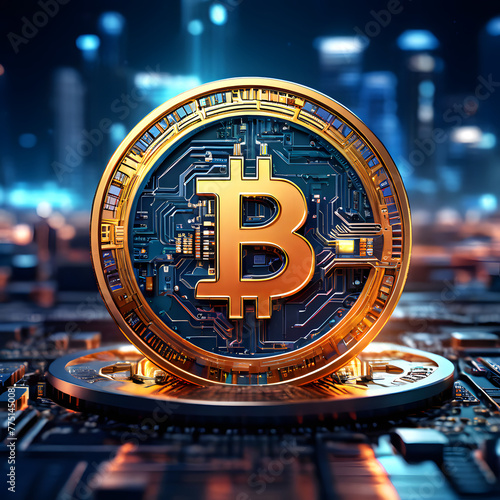 Close-up on a 3D Bitcoin coin on a circuit board, symbolizing the technological foundation of cryptocurrency and its role in the digital economy