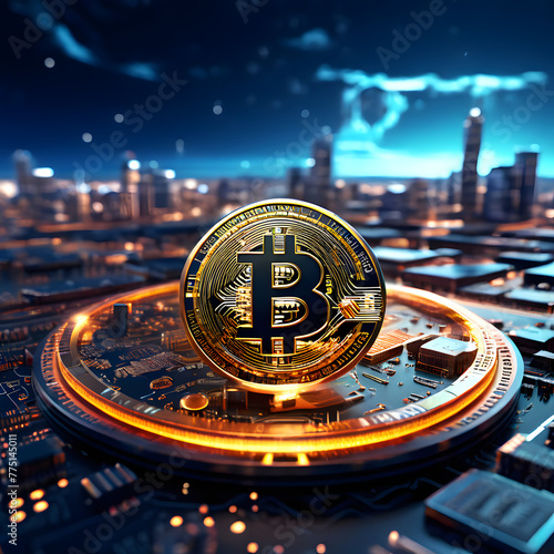 Close-up on a 3D Bitcoin coin on a circuit board, symbolizing the technological foundation of cryptocurrency and its role in the digital economy