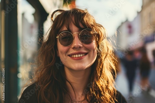 Portrait of a beautiful young woman with long curly hair in sunglasses