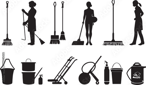 Floor mopping icon set vector black silhouette