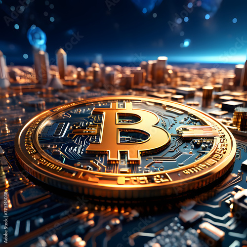 Close-up on a 3D Bitcoin coin on a circuit board, symbolizing the technological foundation of cryptocurrency and its role in the digital economy