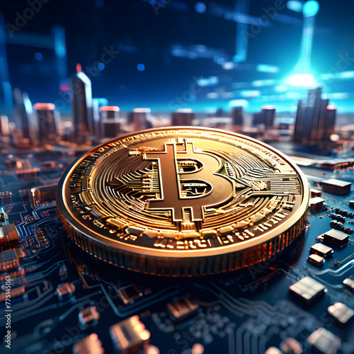 Close-up on a 3D Bitcoin coin on a circuit board, symbolizing the technological foundation of cryptocurrency and its role in the digital economy