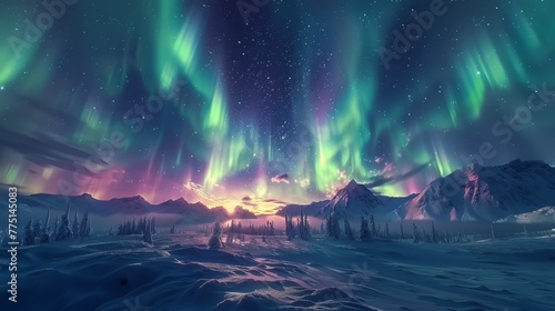 Arctic aurora spectacle cinematic night sky painting in high res timelapse with vibrant colors