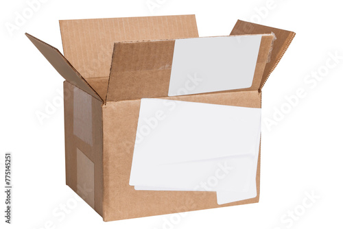 Cardboard box with stickers. On a blank background.