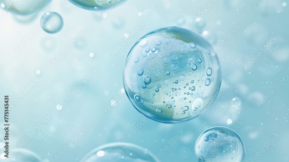 transparent cells floating on a light blue background, surrounded by small cells and bubbles transparent cells floating on a light blue background, surrounded by small cells and bubbles