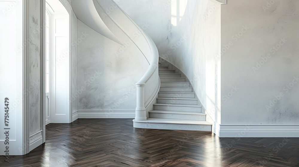 Obraz premium a stunning depiction of a dark walnut floor contrasting against pale off-white plaster walls, leading to a majestic grey limestone staircase.